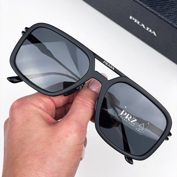 Prada PR57ZS 1BO5Z1 Sunglasses Matte Black Polarized Grey Pilot Metal Unisex - Picture 1 of 9